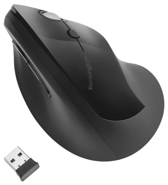 Sort trådløs vertikal computermuse med ergonomisk design, inklusive USB-modtager.