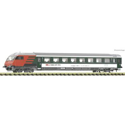 En model af et rødt og mørkegrønt schweizisk SBB CFF FFS lokomotiv, placeret på jernbaneskinner, set fra siden.