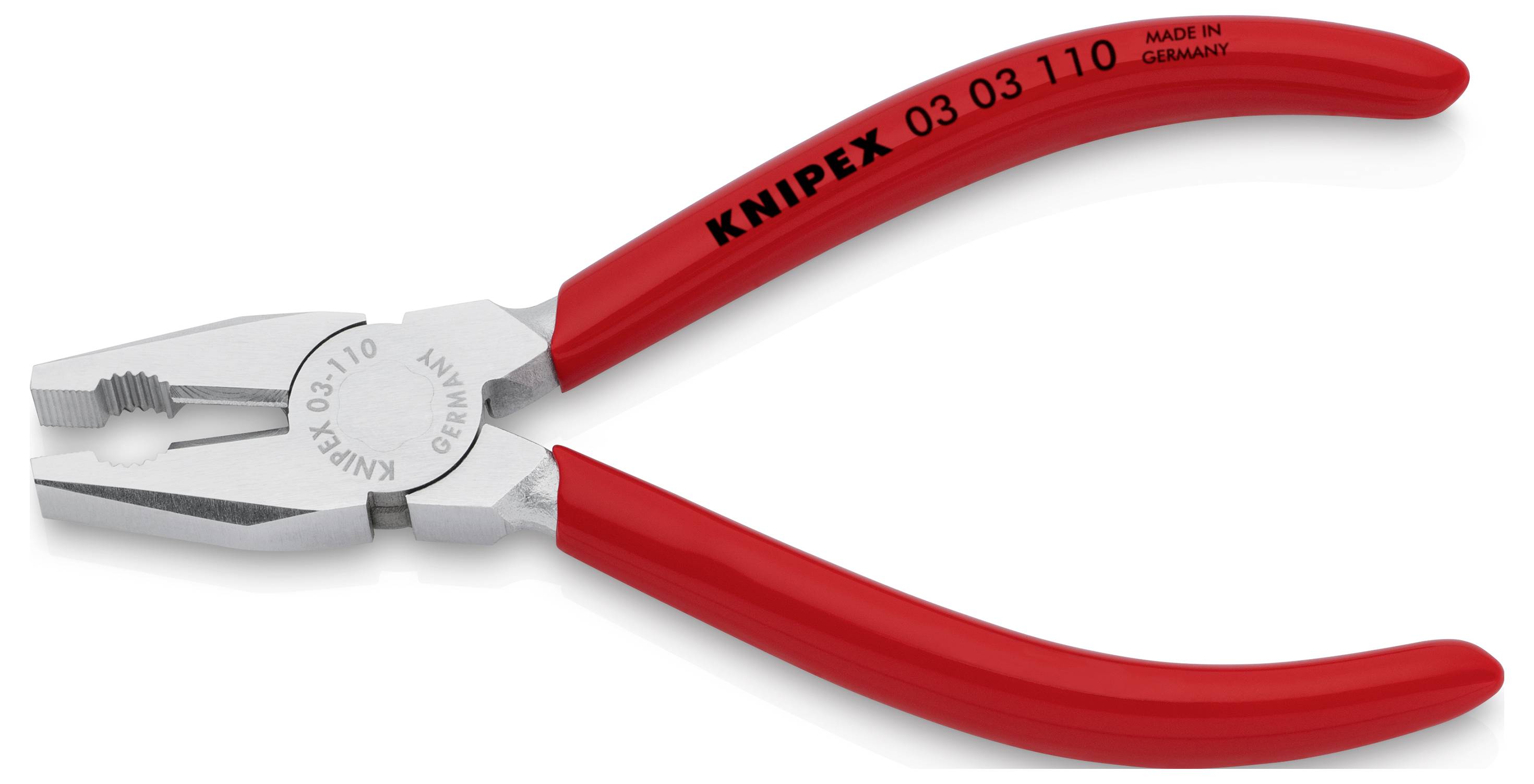 En rød kombinationstang med påskrifterne 'KNIPEX' og 'Made in Germany' på håndtagene.