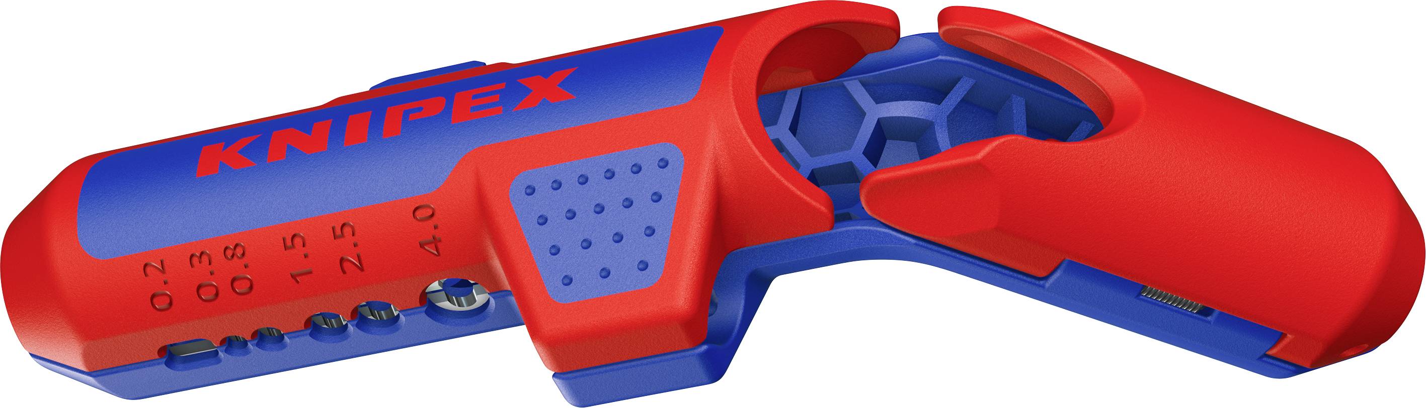 Et rødt og blåt afisoleringsværktøj med påskriften 'Knipex' på det øverste dæksel, viser måleskalaer fra 0,2 til 4,0 mm.