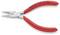 Rød Knipex fladrundfladetang, modelnum­mer 25 03 125, fremstillet i rustfrit stål. Skæreflade og spidst løbende kæber, håndtag med „Made in Germany".