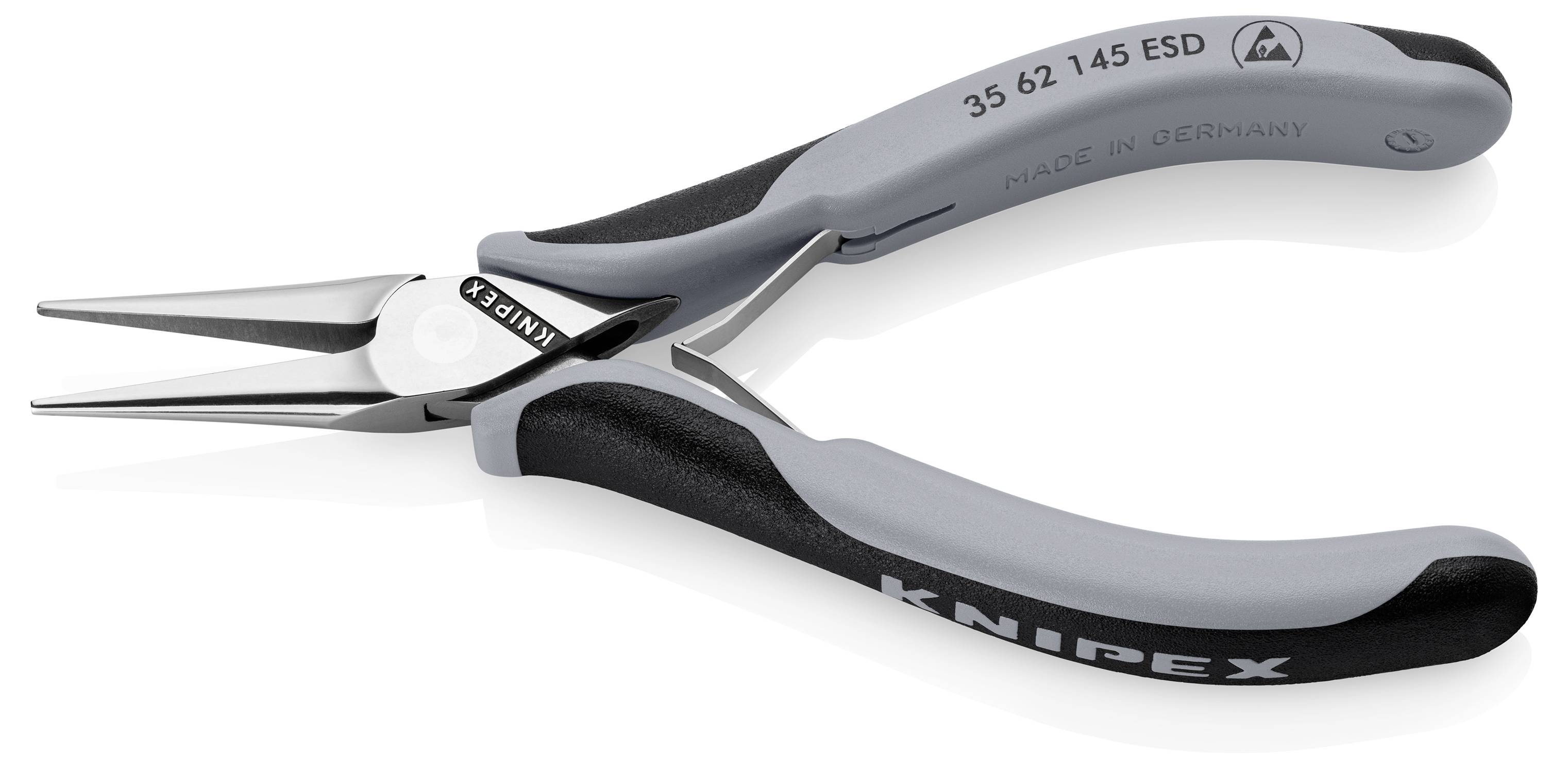 Grå og sort præcisionstang med smalle, spidse kæber, egnet til finere arbejde, med 'Knipex'-tryk på grebet.