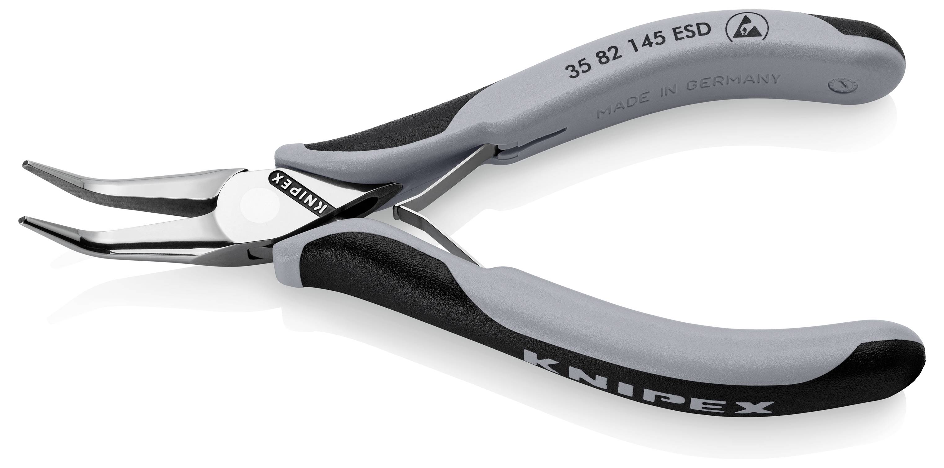 Et Knipex-tangsæt med grå greb og fin spids, velegnet til præcisionsopgaver. Påskrift: '35 82 145 ESD'.