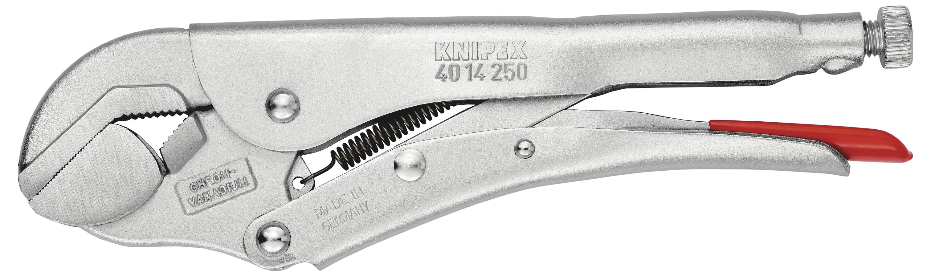 En sølvfarvet gribetang med rød løftearm, velegnet til arbejdsopgaver, der kræver fast greb og justering. Mærket med 'Knipex 40 14 250'.