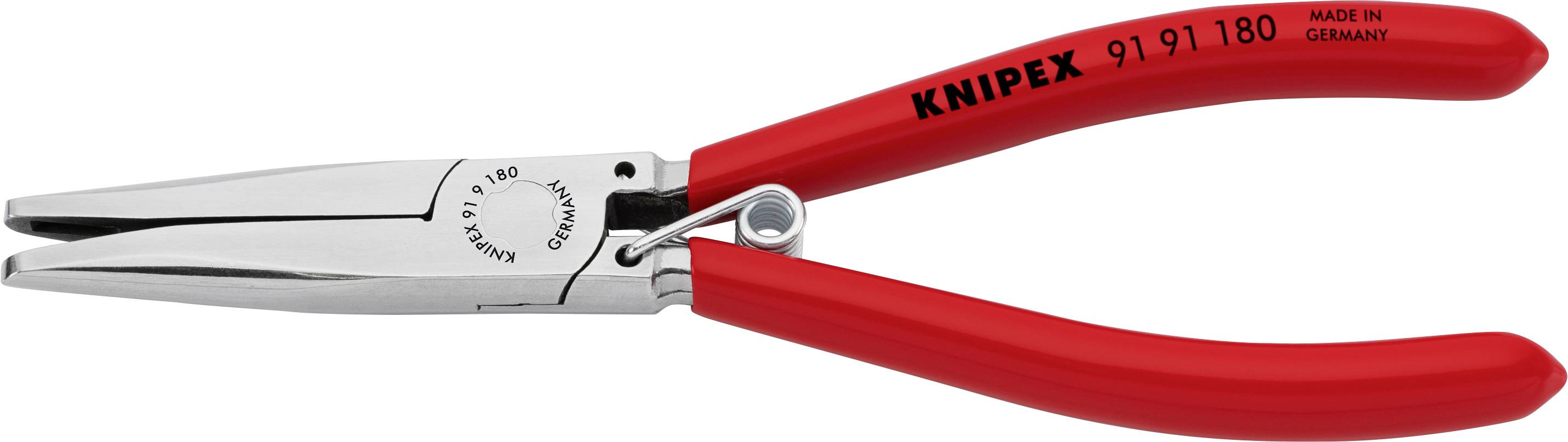 Rød afisoleringstang med sølvfarvede kæber, mærket 'Knipex 91 91 180'. Velegnet til præcis kabelskæring og afisolering.