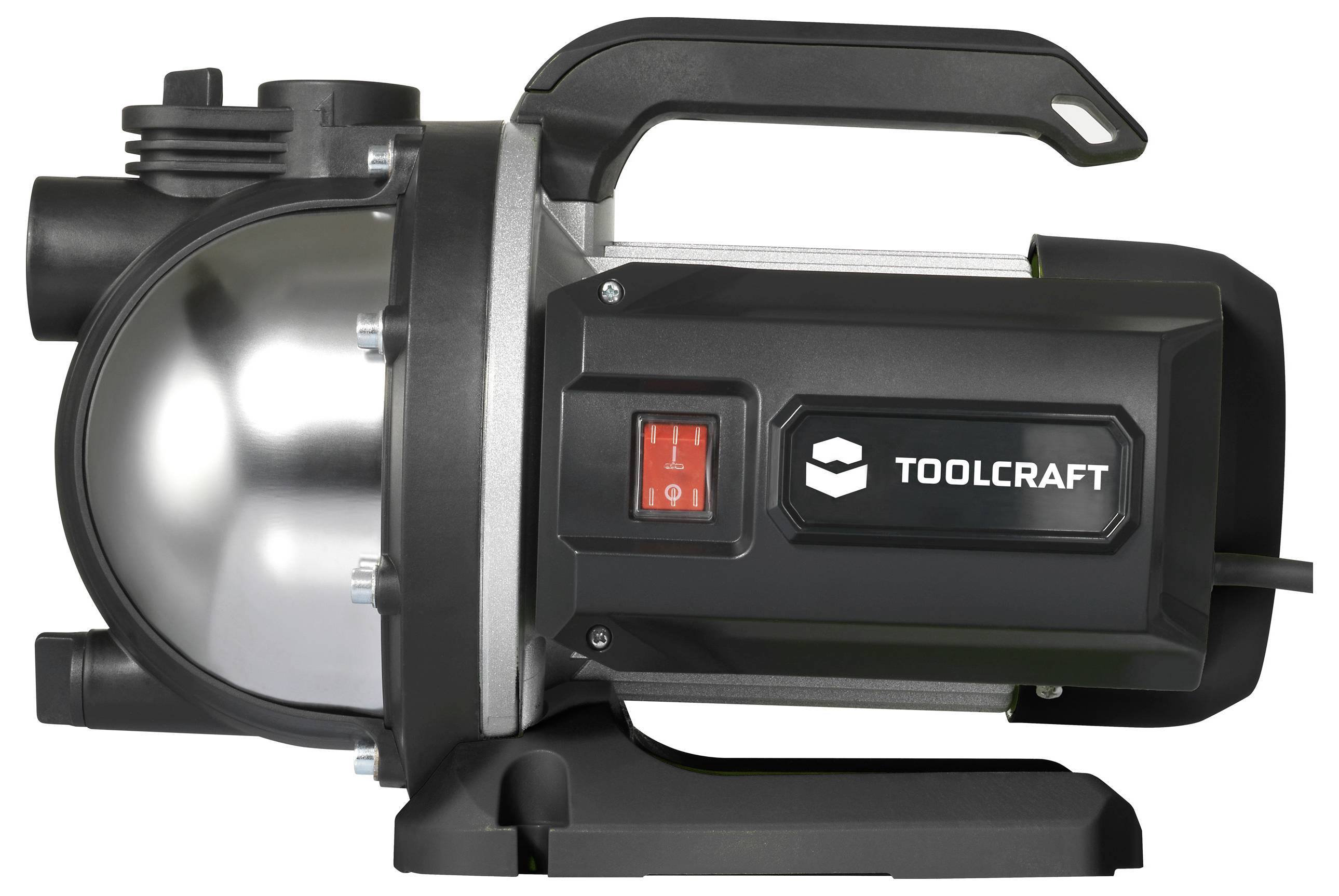 Vandpumpe fra TOOLCRAFT, sort kabinet med rød tænd-/sluk-knap, håndtag øverst, cylinderformet, sidevendte tilslutninger.