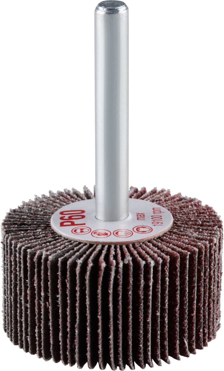 Slibemop med skaft, bestående af mange slibeskiver monteret i vifteform, primært til metaloverfladebehandling.