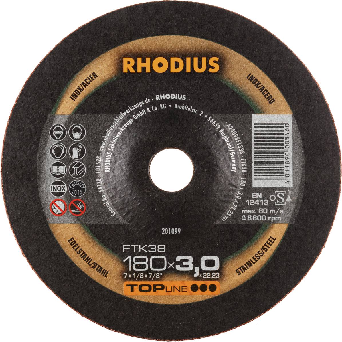 Slibeskive med påskriften 'RHODIUS', diameter 180 x 3,0 mm, egnet til rustfrit stål. Indeholder sikkerhedssymboler.