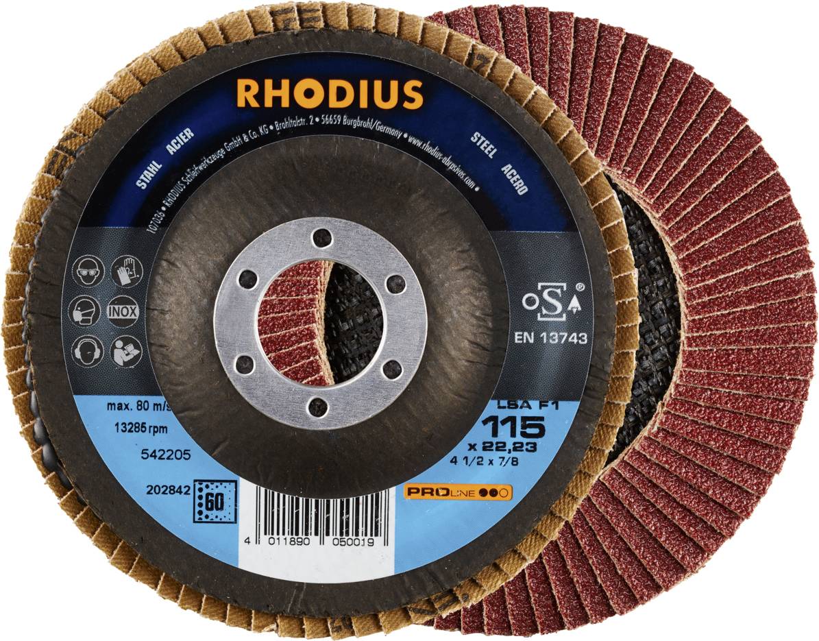 To drejeskiver fra RHODIUS, hvoraf den ene viser etiketten med specifikationer, og den anden viser slibningsfladen.