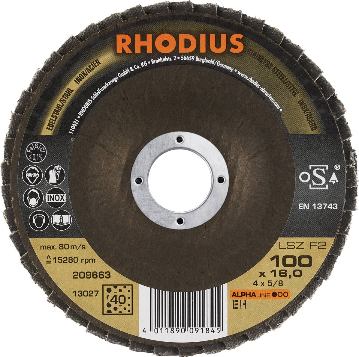 'RHODIUS' slibeskive, mørkebrun, med tekniske detaljer: maks. 80 m/s, 15280 omdr./min., Ø100 mm, egnet til rustfrit stål.