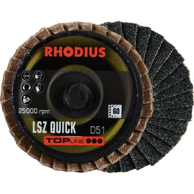 Lamelblade slibeskive med påskriften 'RHODIUS LSZ QUICK D51', egnet til 25.000 o/min. Kornstørrelse: 60. Mærke: TOPLINE.