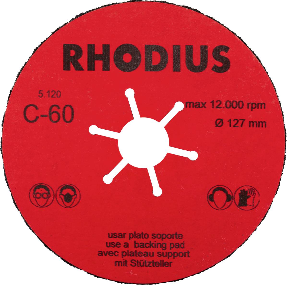 Slibeskive med mærkning 'RHODIUS', model C-60, maks. 12.000 o/min, diameter 127 mm. Sikkerhedssymboler for øjenbeskyttelse.