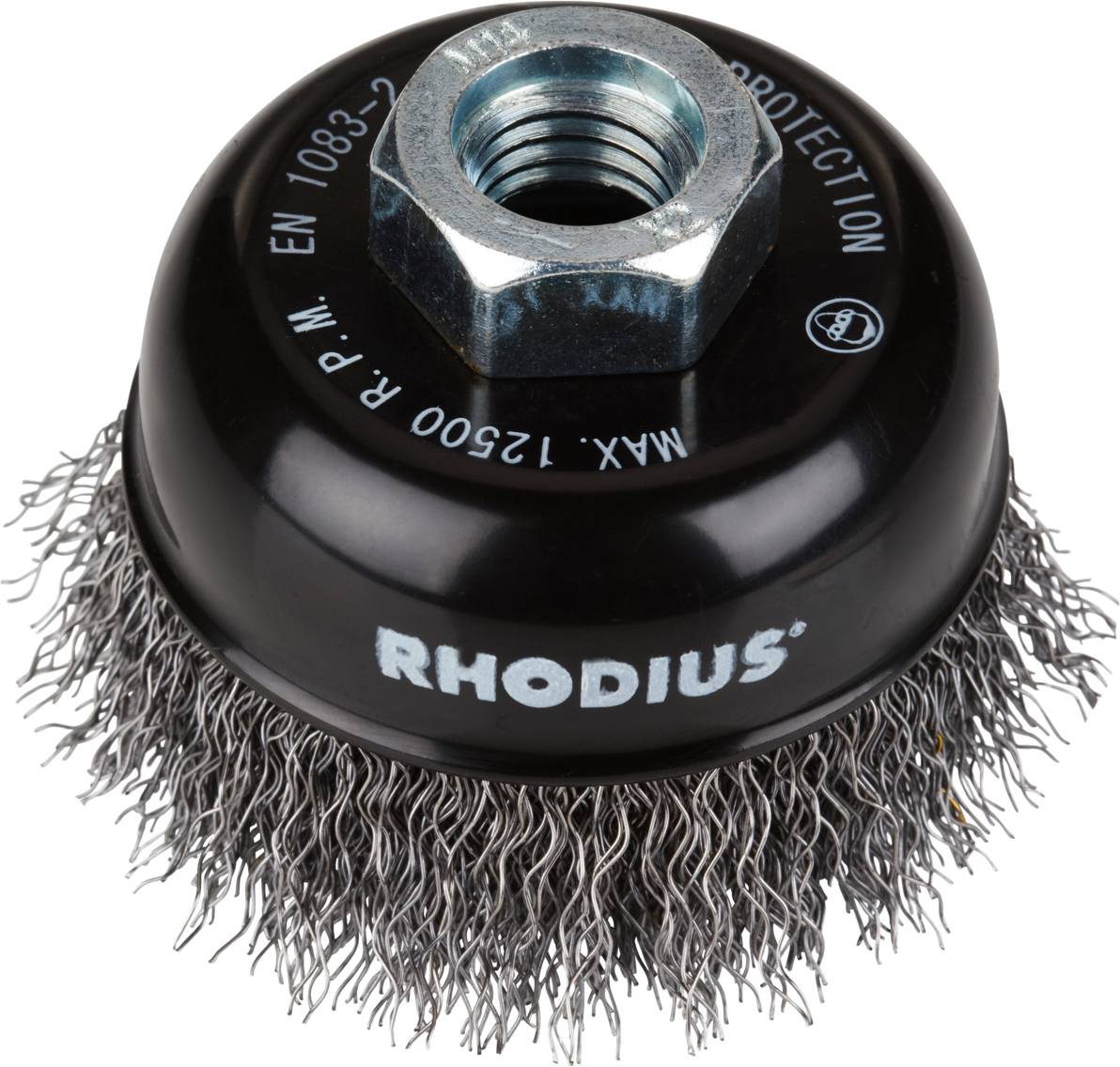 En rund trådbørstevedhæng med metalbørster og en central skrueåbning. Påskriften lyder 'RHODIUS'.