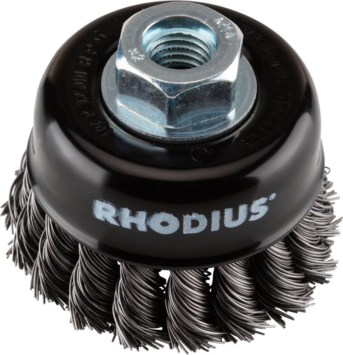 Stålbørstetilbehør med sort hus og snoede metaltrådsbørster, mærket 'RHODIUS', egnet til boremaskiner.