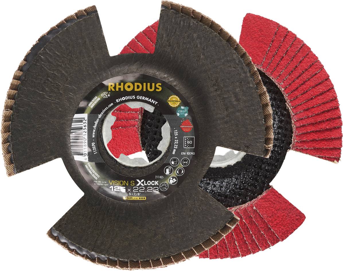 Slibe- og skæreskive fra Rhodius med rød flange, egnet til X-Lock-maskiner.