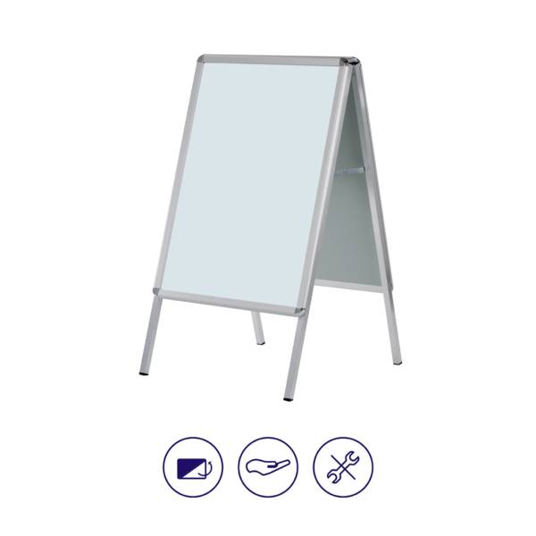 En sølvfarvet, sammenfoldelig reklamestander med blå flade. Nedenunder symboler: Billedsymbol, hånd, skruenøgle, som repræsenterer funktioner.