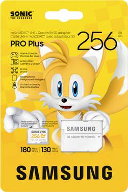Samsung Sonic Edition - "Tails" MicroSDXC-kort Retail 256 GB A2 Application Performance Class, v30 Video Speed Class, UHS-I U3 "Sonic The Hedgehog" Special Edition, Vandfast, Temperaturbestandig, Røntgenstrålebestandig, Med magnetbeskyttelse, Faldsikring, Slidstærk, inkl. SD-adapter