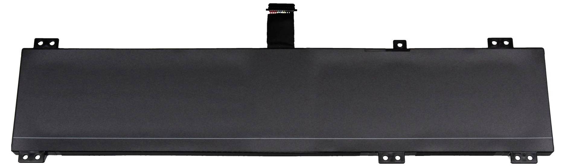 Et rektangulært, sort laptop-batteri med monterbare flige i hjørnerne.