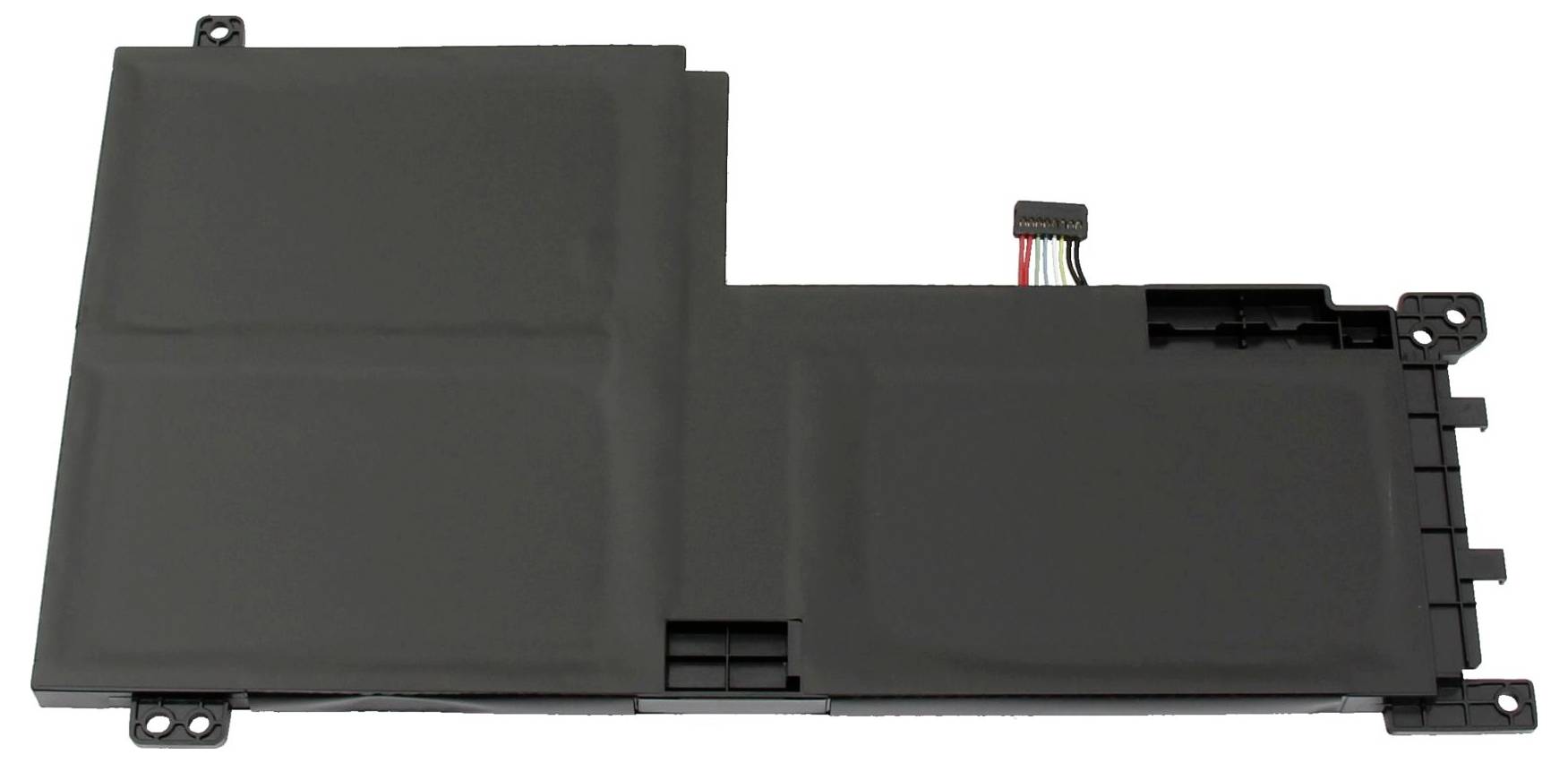 Et rektangulært, sort laptop-batteri med kabelstik.