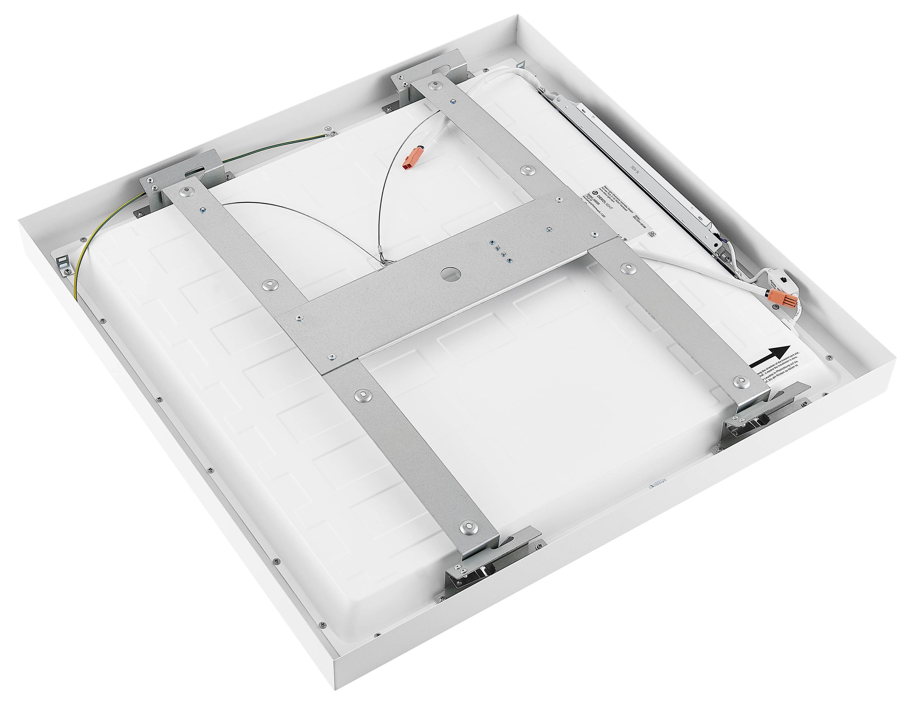 Et hvidt, kvadratisk LED-panel med metalramme og elektriske tilslutninger på bagsiden, klar til loftsmontering.