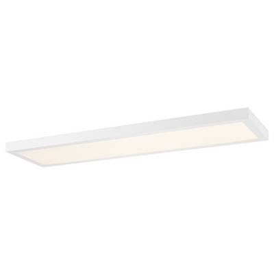 Hvid, rektangulær loftslampe med enkelt design og ensartet lysfordeling.