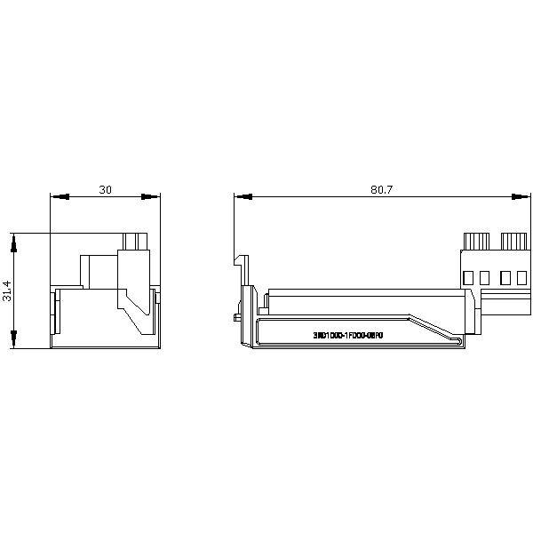 Teknisk tegning af en stikforbinder med dimensioner: Bredde 30 mm, Længde 80,7 mm, Højde 31,4 mm. Side- og frontvisning.