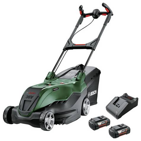Grøn Bosch-plæneklipper med batterier og oplader. Plæneklipperen har en 36-volt-drift. Ideel til mellemstore haver.