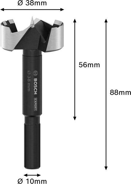 Forstnerboret med 38 mm diameter, 88 mm samlet længde. Sort og sølvfarvet design med varemærkenavn.