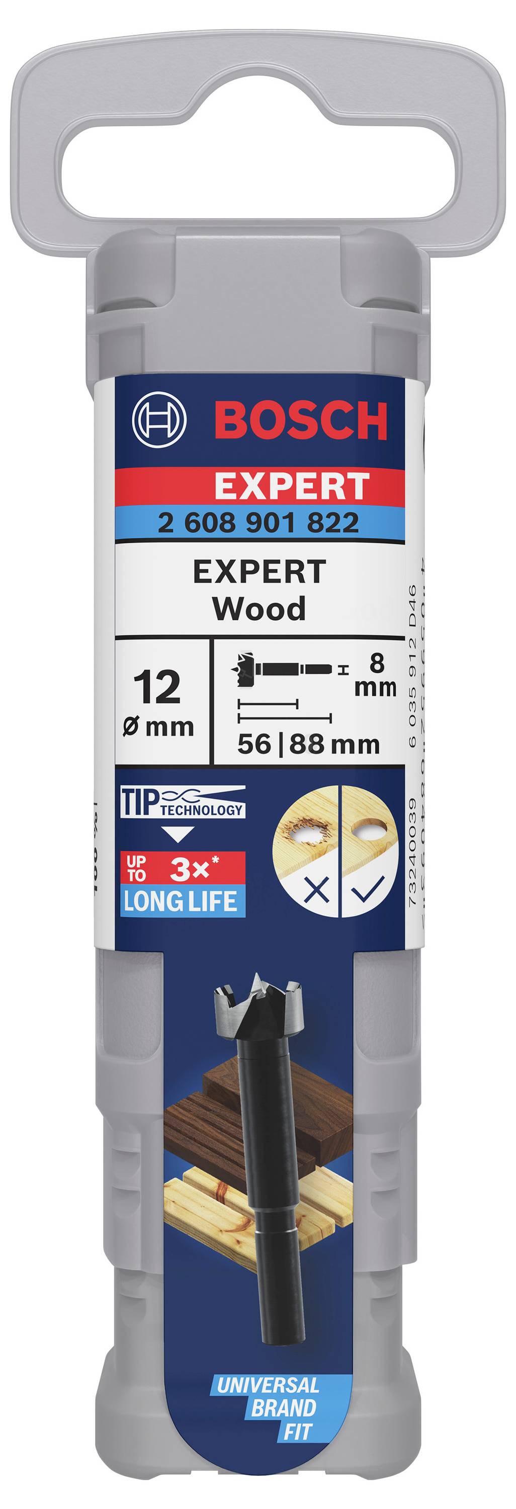 Bor-emballage med påskriften 'Bosch Expert Wood', diameter 12 mm, længde 56/88 mm, egnet til træ; viser billede af boret.