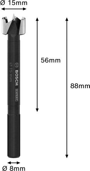 Billedet viser en Forstner-bor fra Bosch med en diameter på 15 mm, en samlet længde på 88 mm og en skaftlængde på 56 mm.