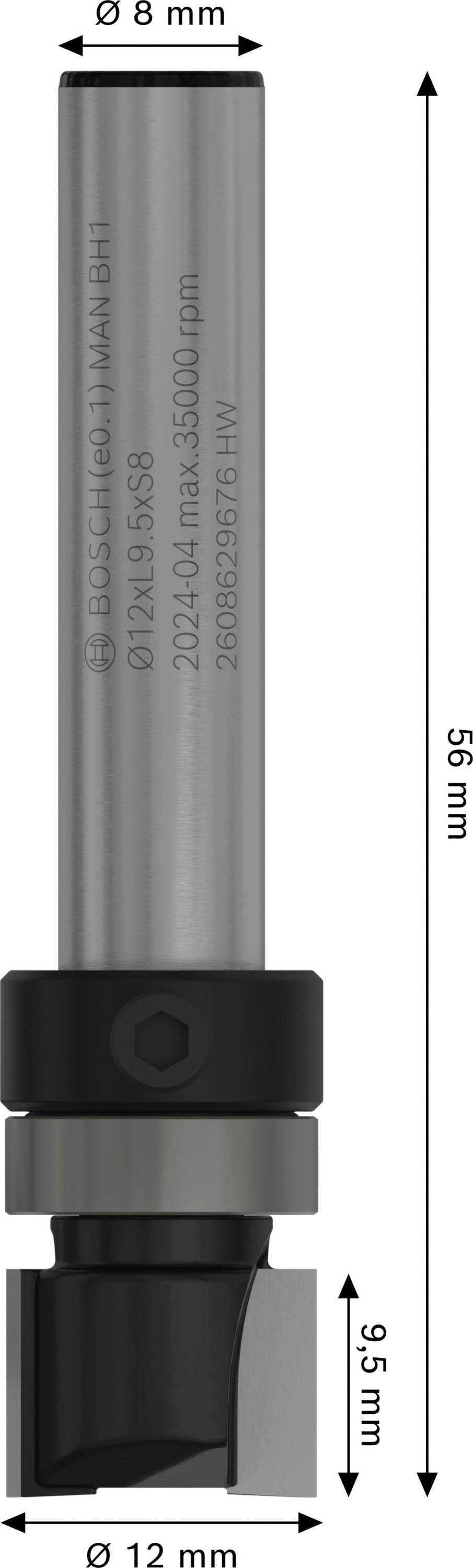Afbildet er et cylindrisk metalværktøj fra BOSCH, 56 mm langt og 12 mm bredt, med 8 mm øvre diameter. Markeringer med modelnummer.