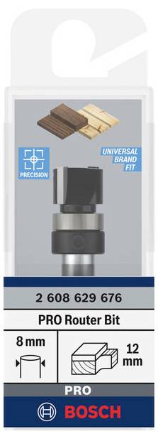 Emballage til en Bosch fræserbor med 8 mm diameter til træbehandling. Velegnet til præcisionsopgaver, universelt kompatibel.