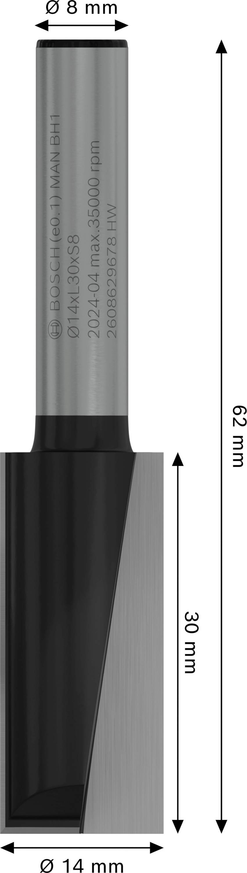 Billedet viser en cylinder med diameter 8 mm og længde 62 mm. Skaftdiameter 14 mm og skæredybde 30 mm.