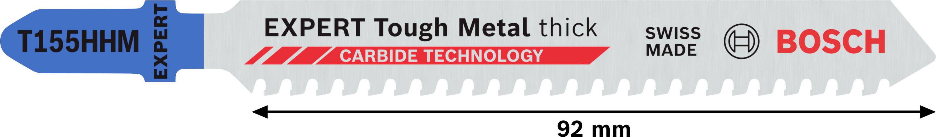 Savklinge med påskrifter: 'EXPERT Tough Metal thick', 'CARBIDE TECHNOLOGY', 'SWISS MADE', 'BOSCH', længde 92 mm til tykt metal.