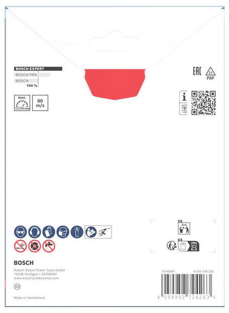 Bagsiden af en Bosch-emballage til stiksavklinger med logoer for sikkerhedsinstruktioner og QR-kode. Indeholder firmaadresse og produktspecifikationer.