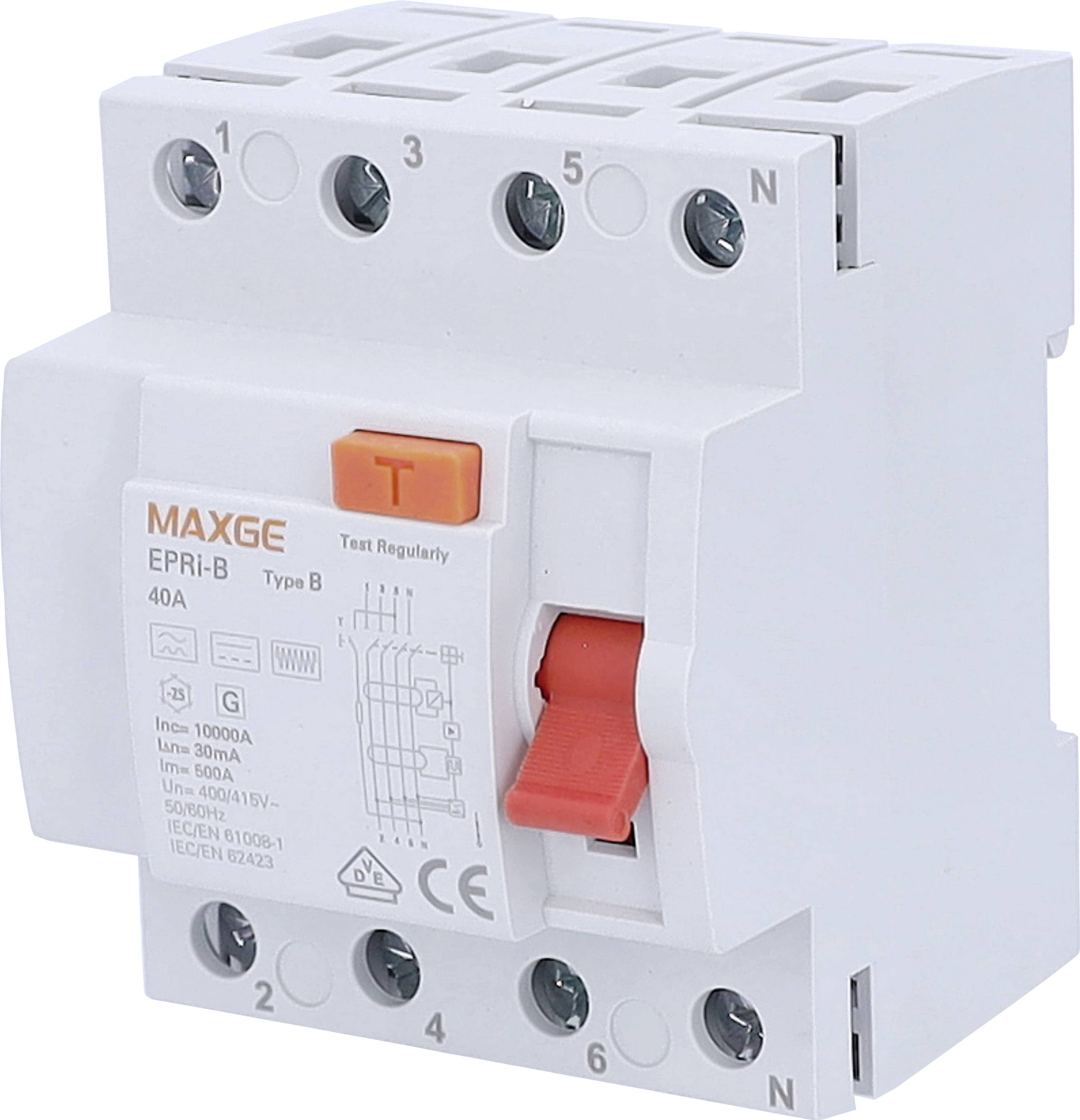 En hvid sikringsautomat med rød kontakt, mærket 'MAXGE EPRI-B, type B, 40A'. Egnet til elektriske beskyttelsesfunktioner.