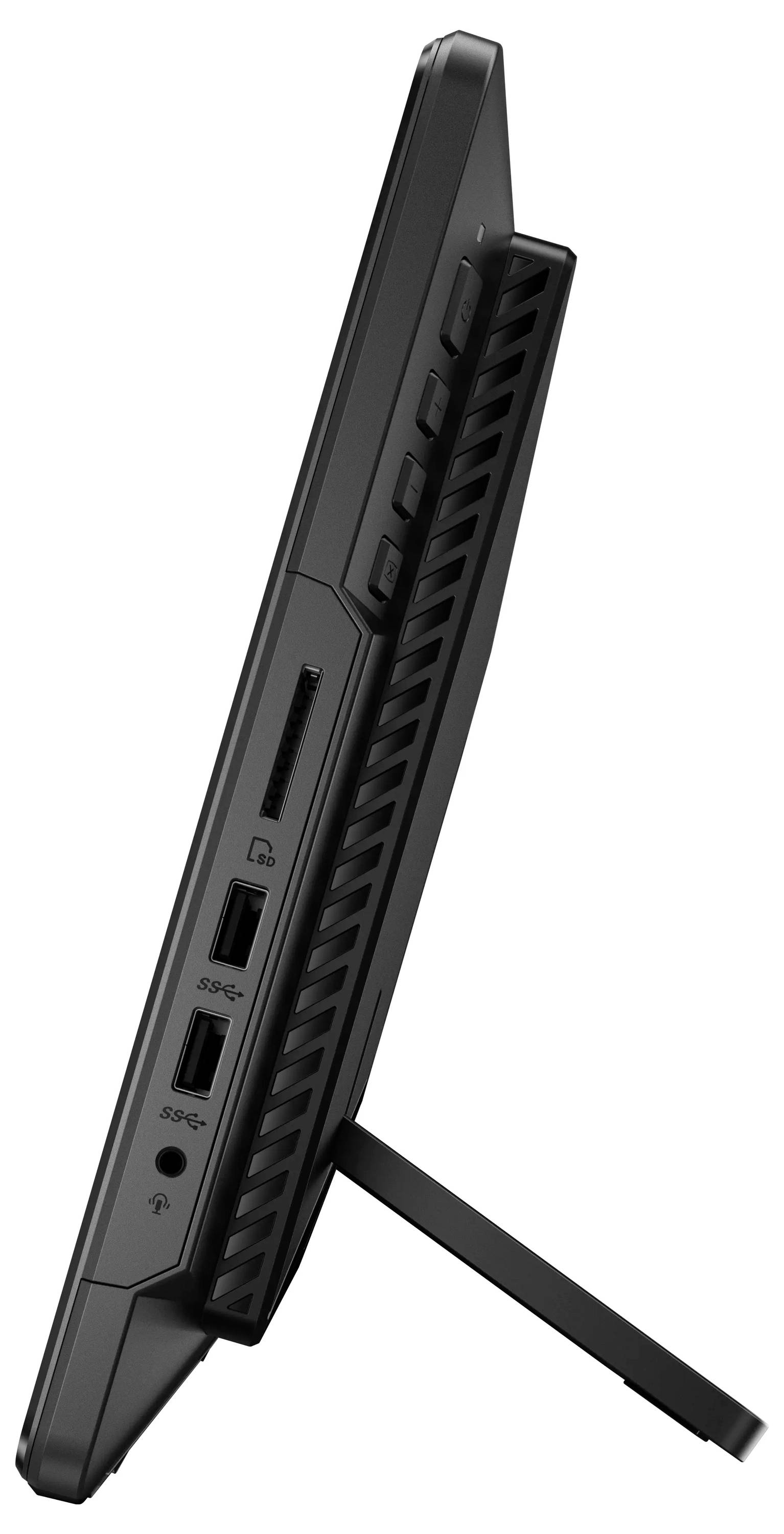 Sidevisning af en sort alt-i-en computer, der viser porte, knapper og en støtte.
