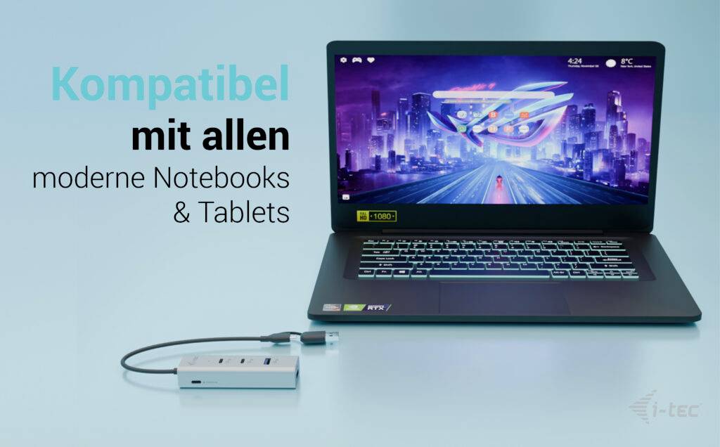 Bærbar computer med lysende skærm, forbundet til en adapter. Tekst: 'Kompatibel med alle moderne notebooks & tablets'.