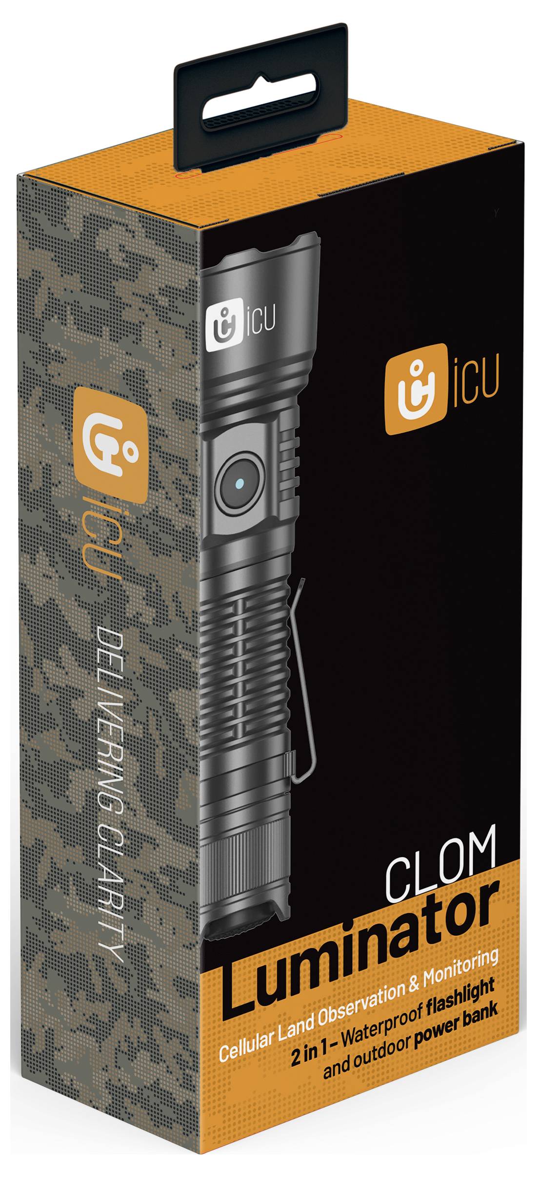 'ICU Luminator CCLM: Vandtæt lommelygte og udendørs powerbank i ét. Camouflageemballage med produktillustration.'