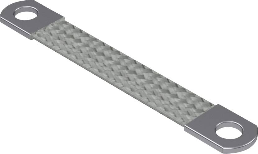 Grå, flættet massebånd med metaløskner i begge ender, som bruges til jordforbindelse eller forbindelse af elektriske komponenter.
