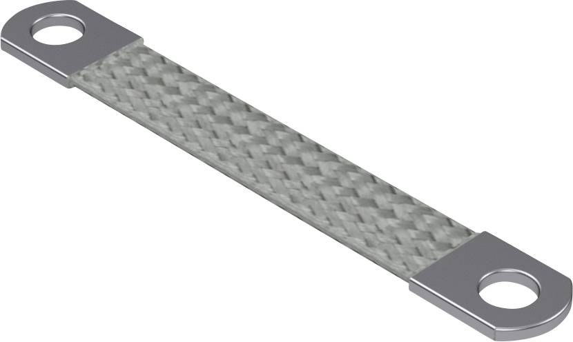Sølvfarvet, flettet ledning med metalløkker i begge ender til elektriske forbindelser.