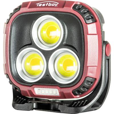 Bærbar LED-lampe i rød og sort med tre gule linser, velegnet til byggepladser eller udendørs brug. Mærke 'Testboy'.