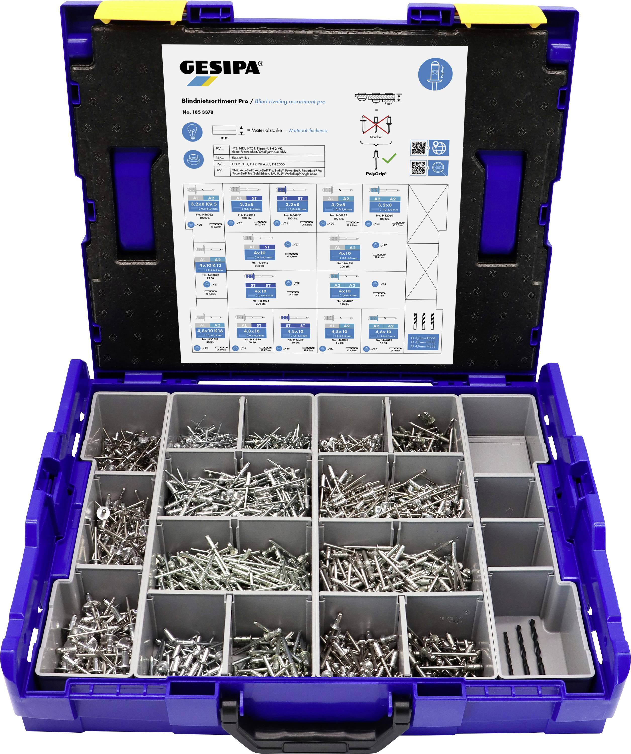 Blå organisationsmappe med forskellige skruer, rawlplug og bits i separate rum. Øverst en vejledning med skruetype og anvendelser.