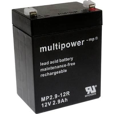 Sort batteri med påskrift 'multipower', 12V, 2,9Ah, blysyre-baseret, vedligeholdelsesfrit, genopladeligt.