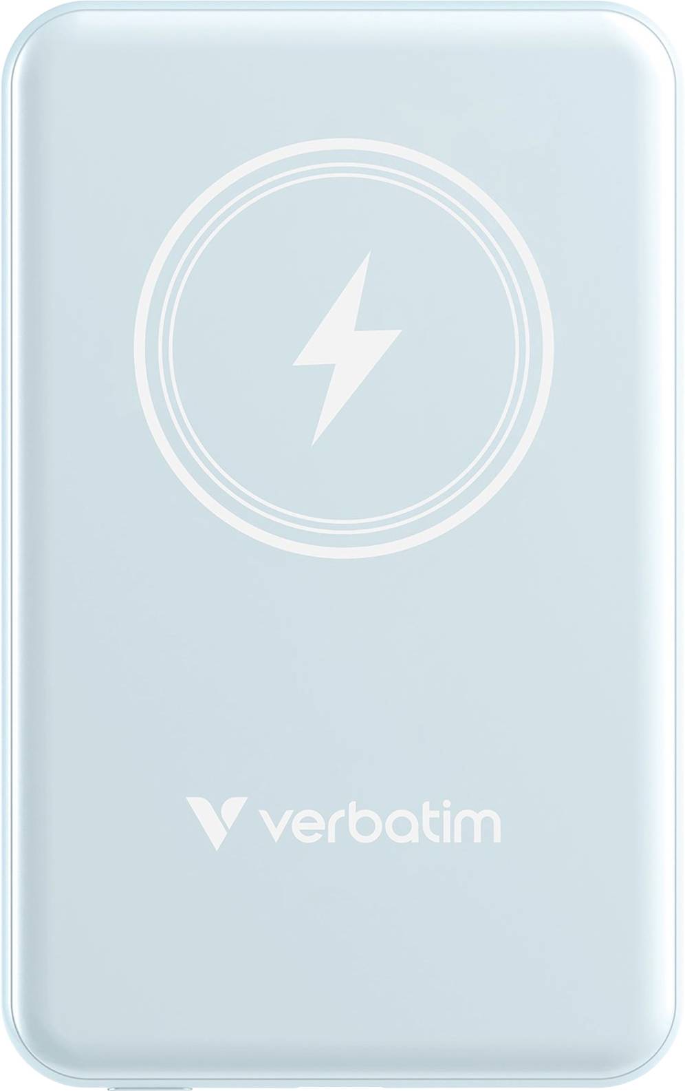 Ekstern Verbatim-powerbank i blå farve med symbol for trådløs opladning på forsiden.