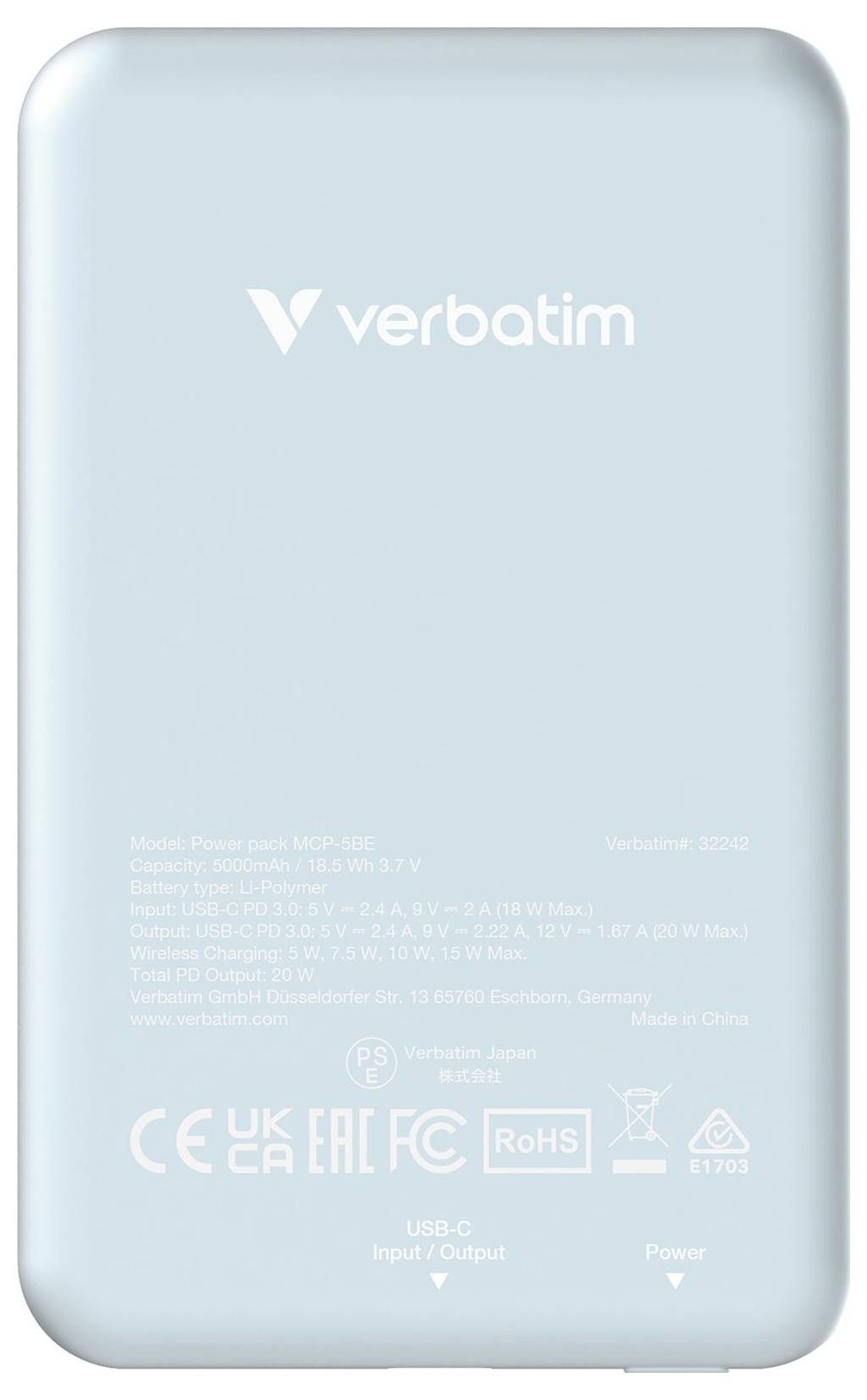 Ekstern powerbank i blå farve fra Verbatim med angivelse af kapacitet (5.000 mAh) og overensstemmelsessymboler på bagsiden.