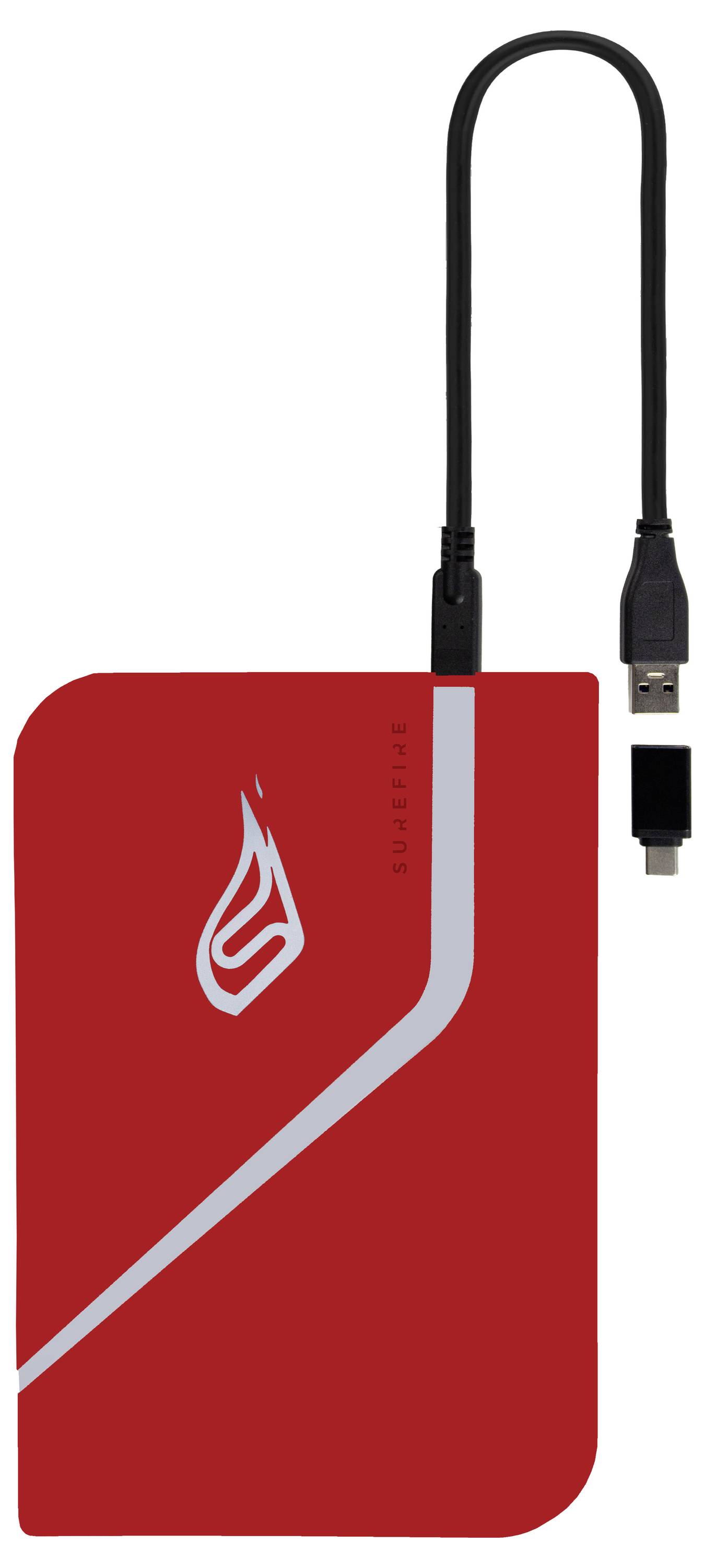 Rød powerbank med hvidt logo og tilsluttet USB-kabel.