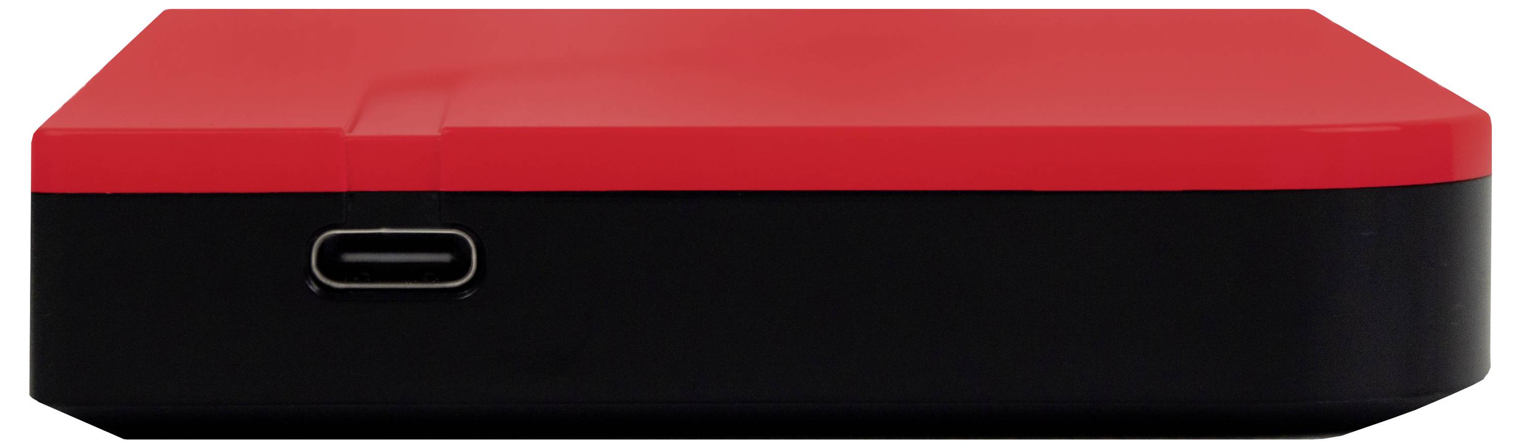 Rød og sort ekstern harddisk med USB-C-port på siden.