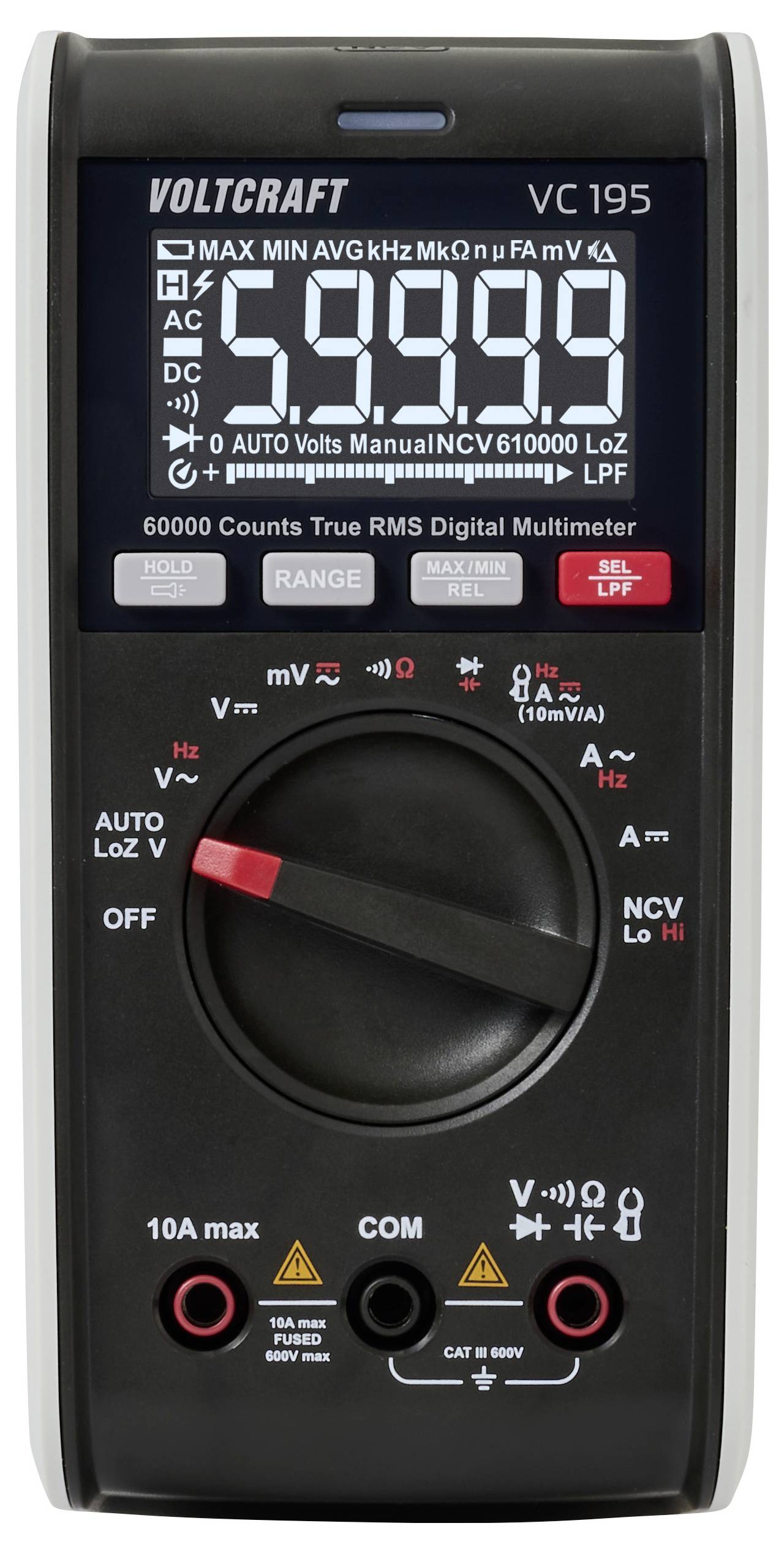 Digitalt multimeter der viser '5.9999' med forskellige indstillingsknapper og drejeknapper. Model 'VOLTCRAFT VC 195', AC-volts tilstand aktiv.