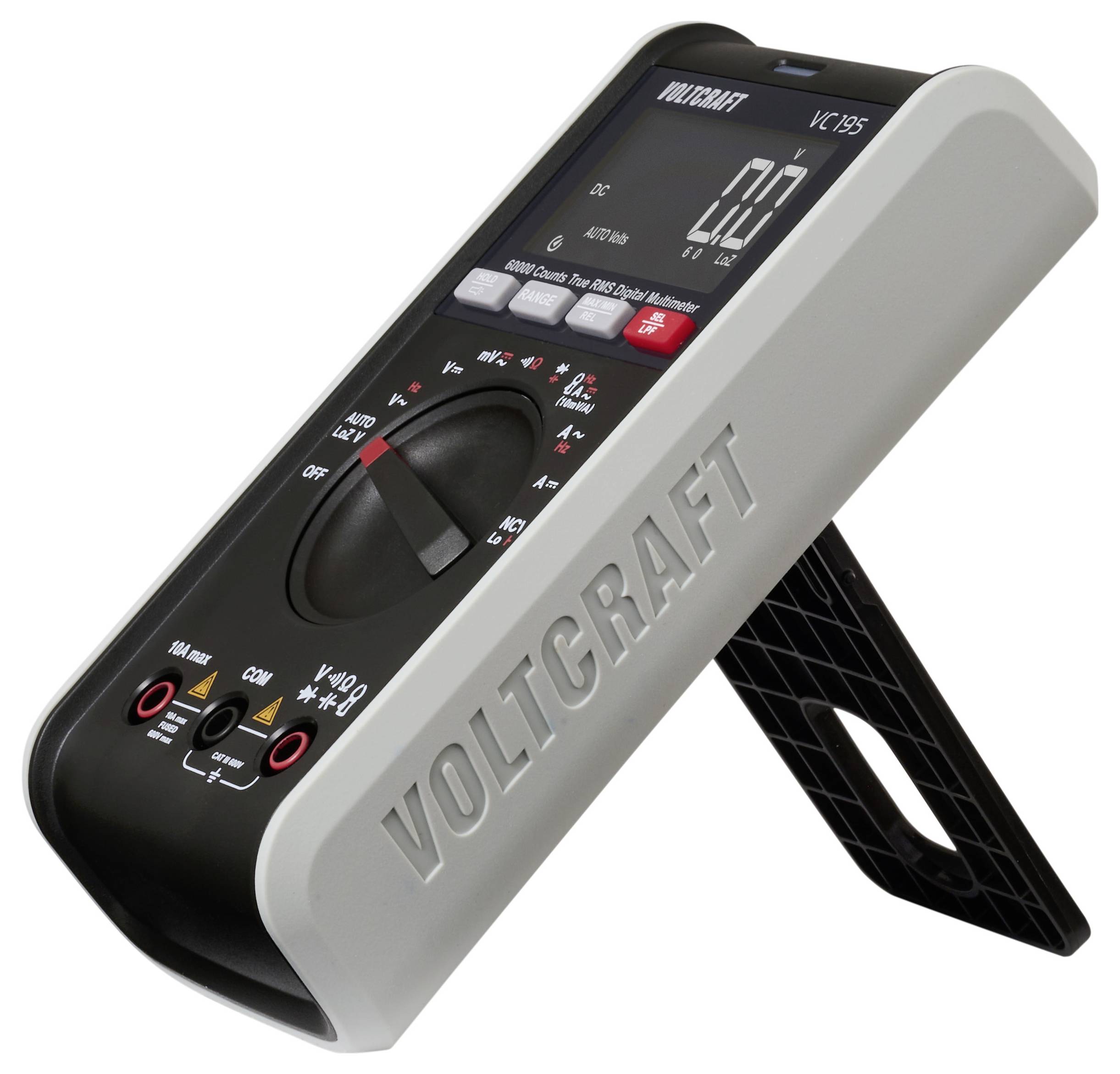 Voltcraft VC 105 digitalt multimeter placeret på et foldbart stativ, som viser '0.0' på skærmen, med knapper og drejeknap til indstillinger.